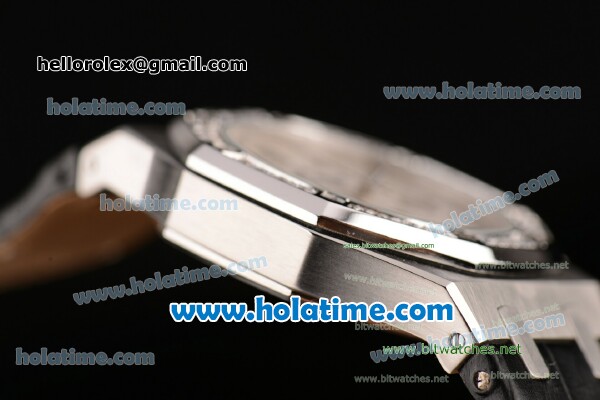 Audemars Piguet Royal Oak Chrono Miyota OS20 Quartz Steel Case with Black Leather Bracelet White Dial and Diamond Bezel - 7750 Coating - Click Image to Close